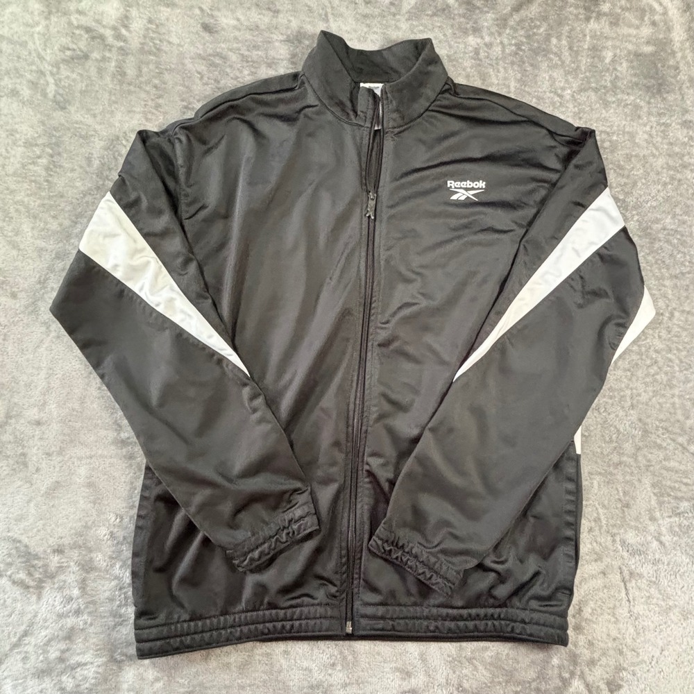 Reebok Mens Track Jacket Black White Full Zip Vector Logo Athletic Size Large
